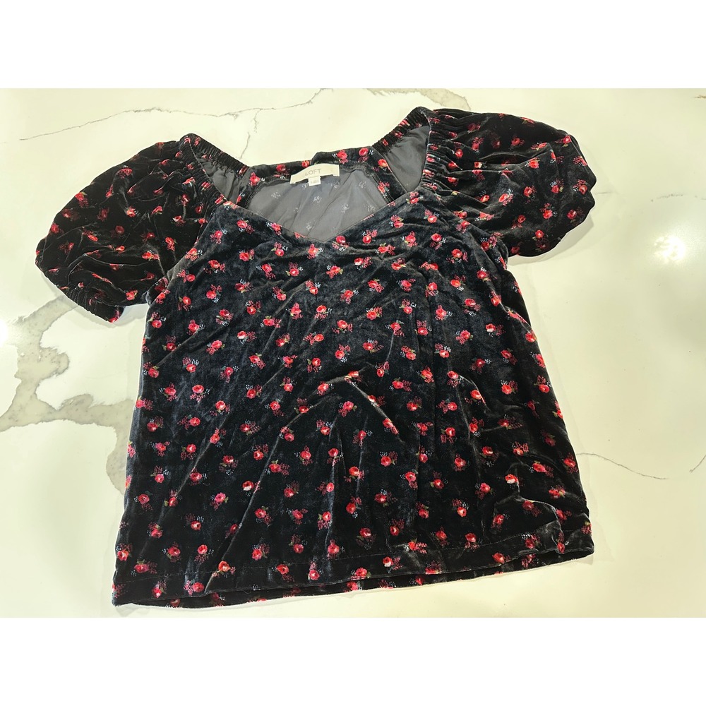 LOFT Womens Black Velvet Floral V-Neck Puff Sleeve Blouse Top Small